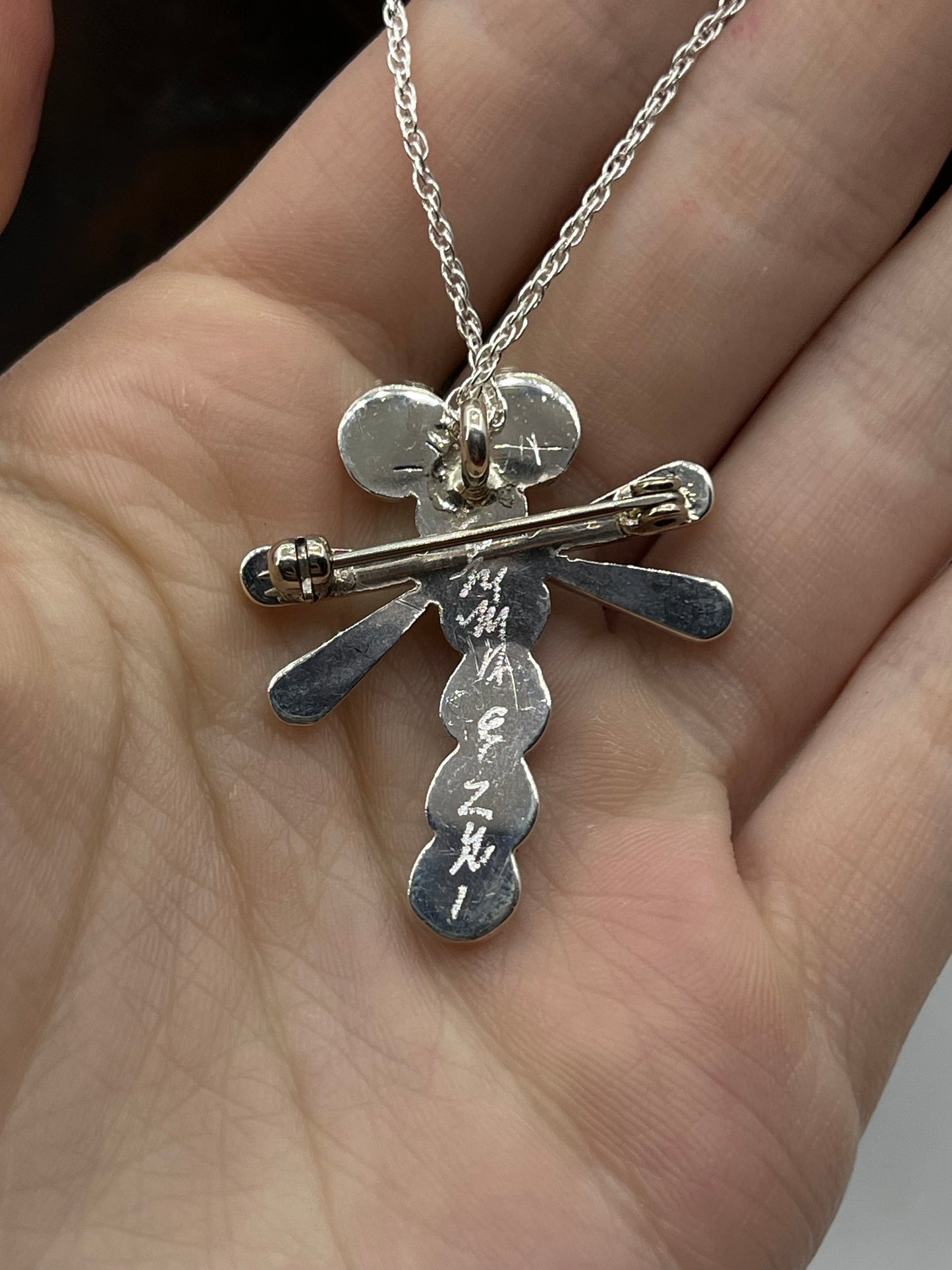 18" Turquoise Dragonfly Pendant/Pin Combo Necklace by Emma Edaakie, Zuni