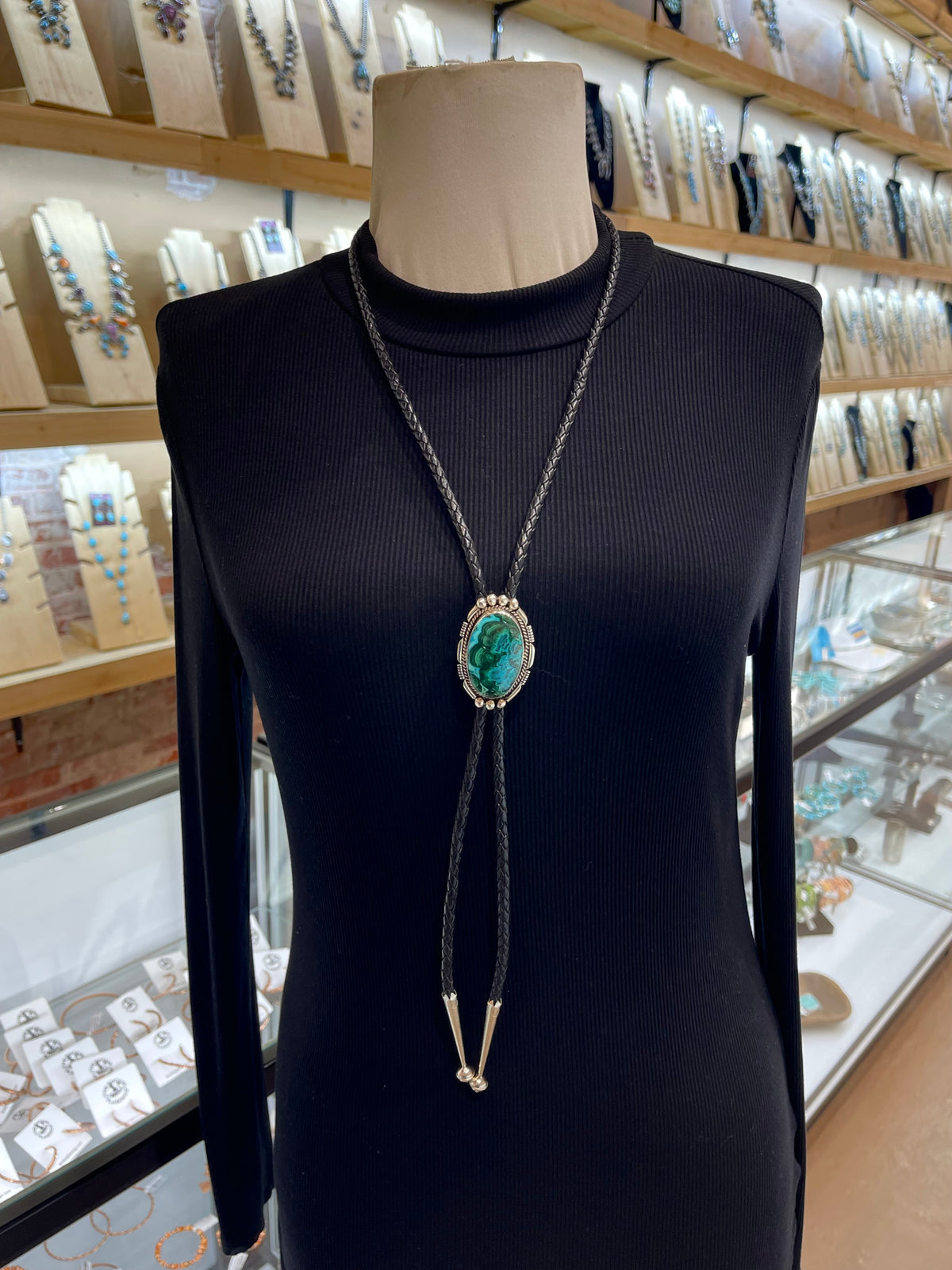 Azurite Chrysocolla Bolo Tie by Joelias Draper, Navajo