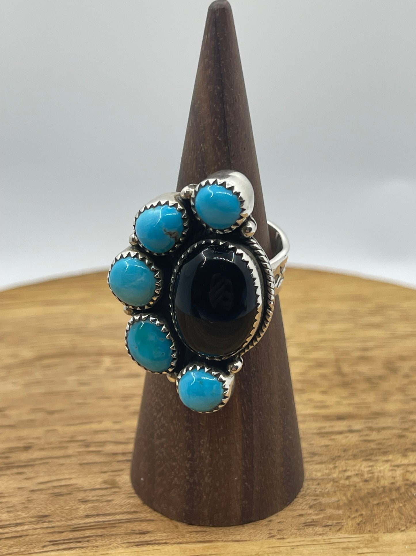 Adjustable Turquoise and Black Onyx Half Cluster Ring