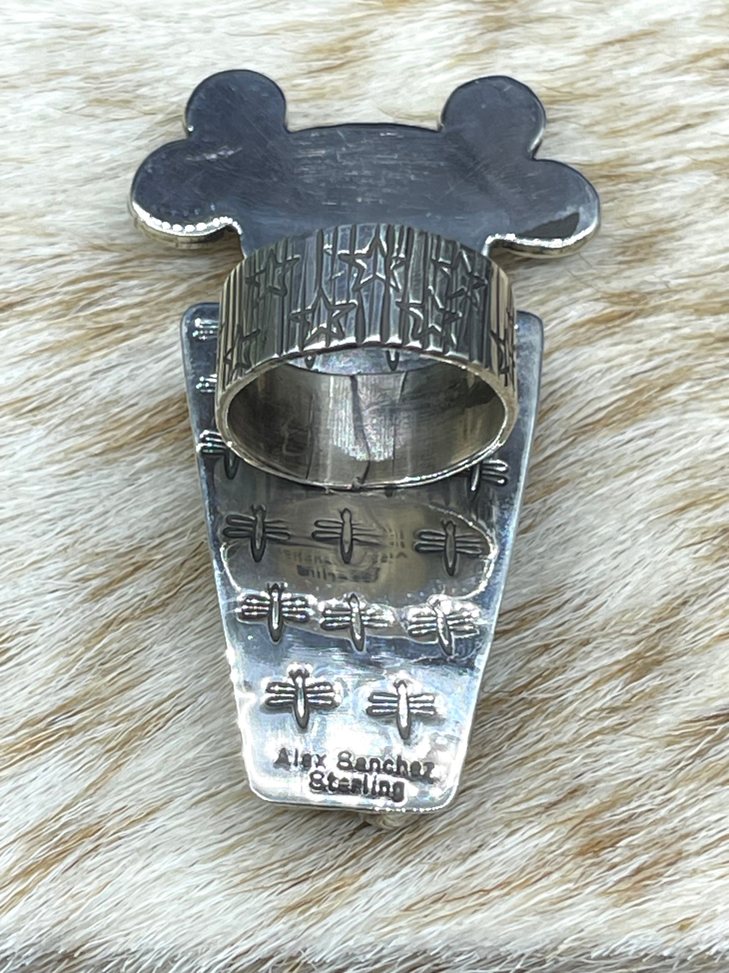 9.0 Maiden Face Ring with Kingman Web Turquoise Stone by Alex Sanchez, Navajo