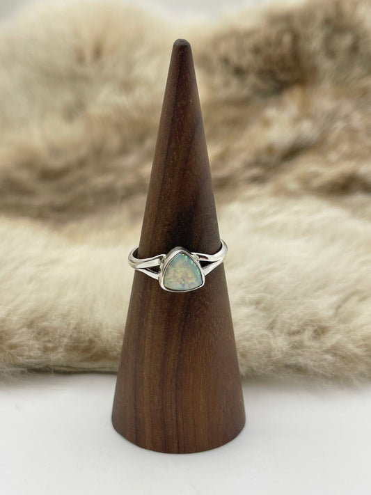 8.0 White Opal Triangle Single Stone Ring by Theresa Smith, Navajo
