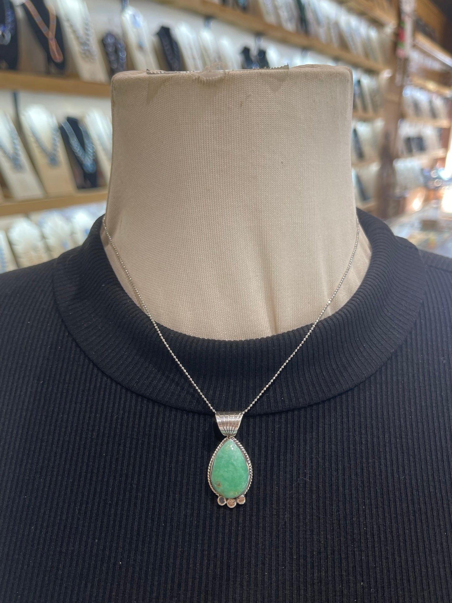 16" Green Kingman Turquoise Pendant By Sadie Jim, Navajo