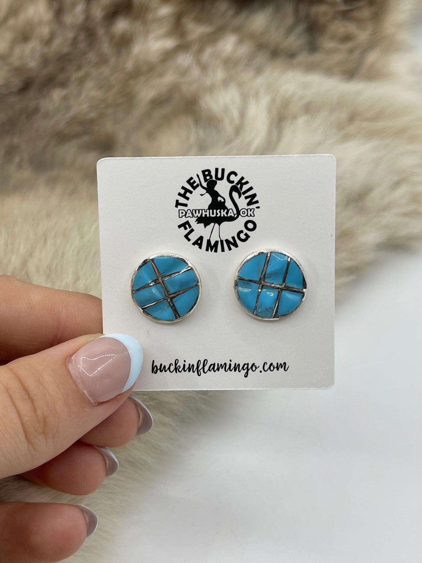 CIRCLE INLAY TURQUOISE POST IN CENTER EARRINGS BY LILY MALANI, ZUNI