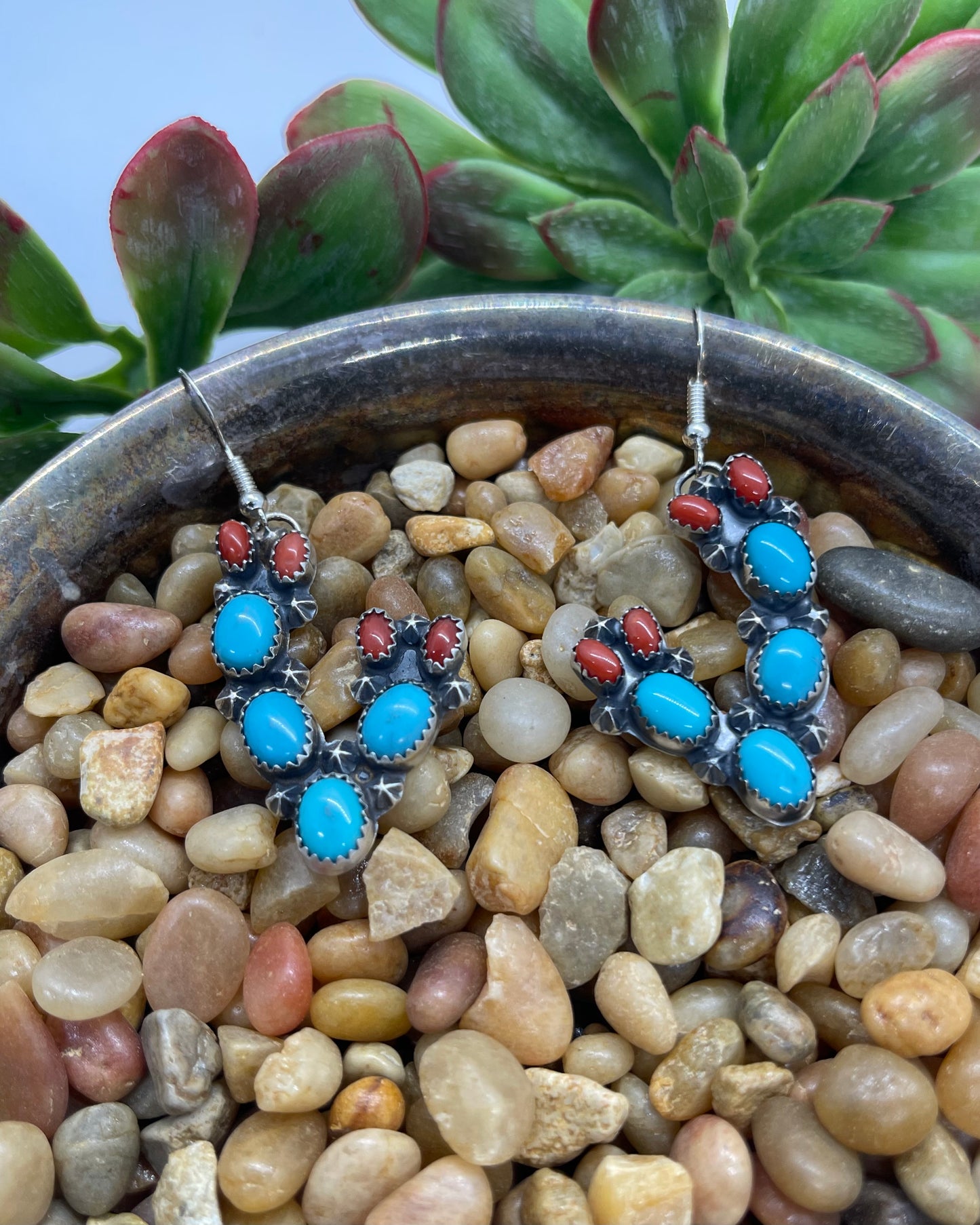 LOT 52 1/4 Prickly Pear Turquoise and Coral Cactus Earrings by Richard Yazzie, Navajo