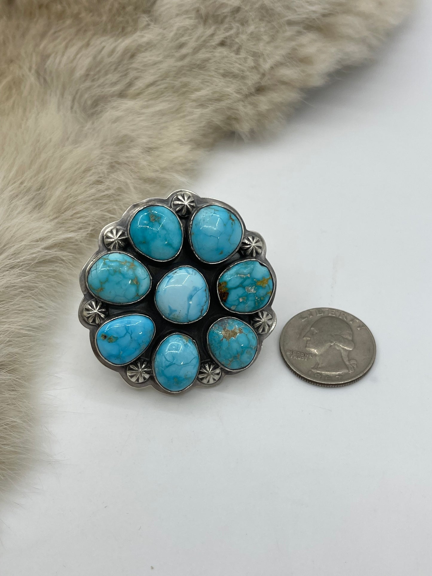 Adjustable 5.0-11.0 High Grade Kingman Turquoise Cluster Ring by Gabby Jurado, Navajo