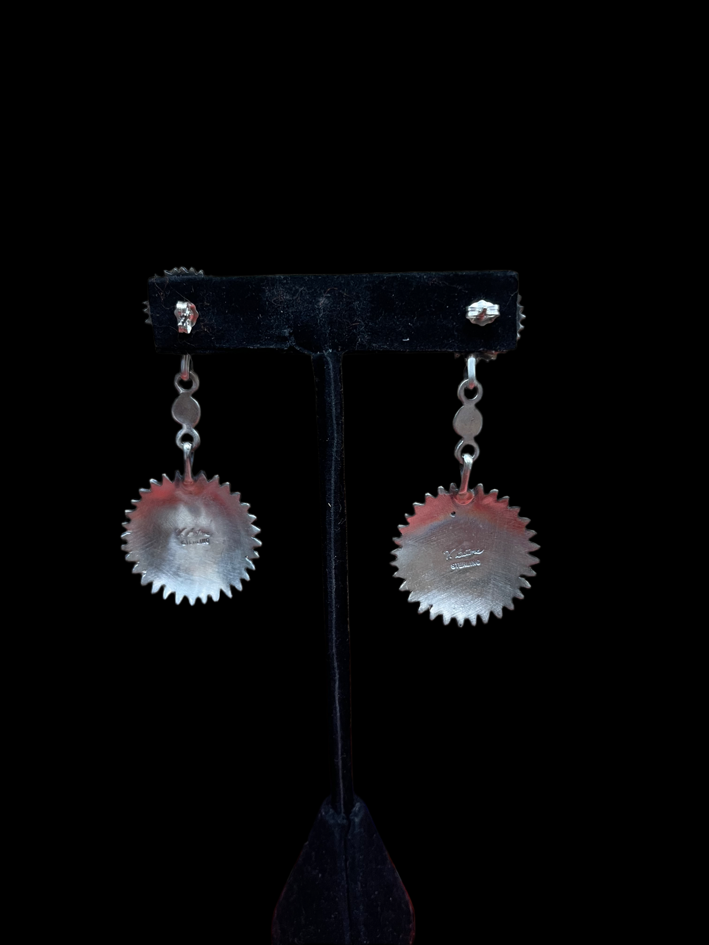 Double Concho Dangle Earring With Kingman Turquoise and Red Coral by Verley Betone, Navajo