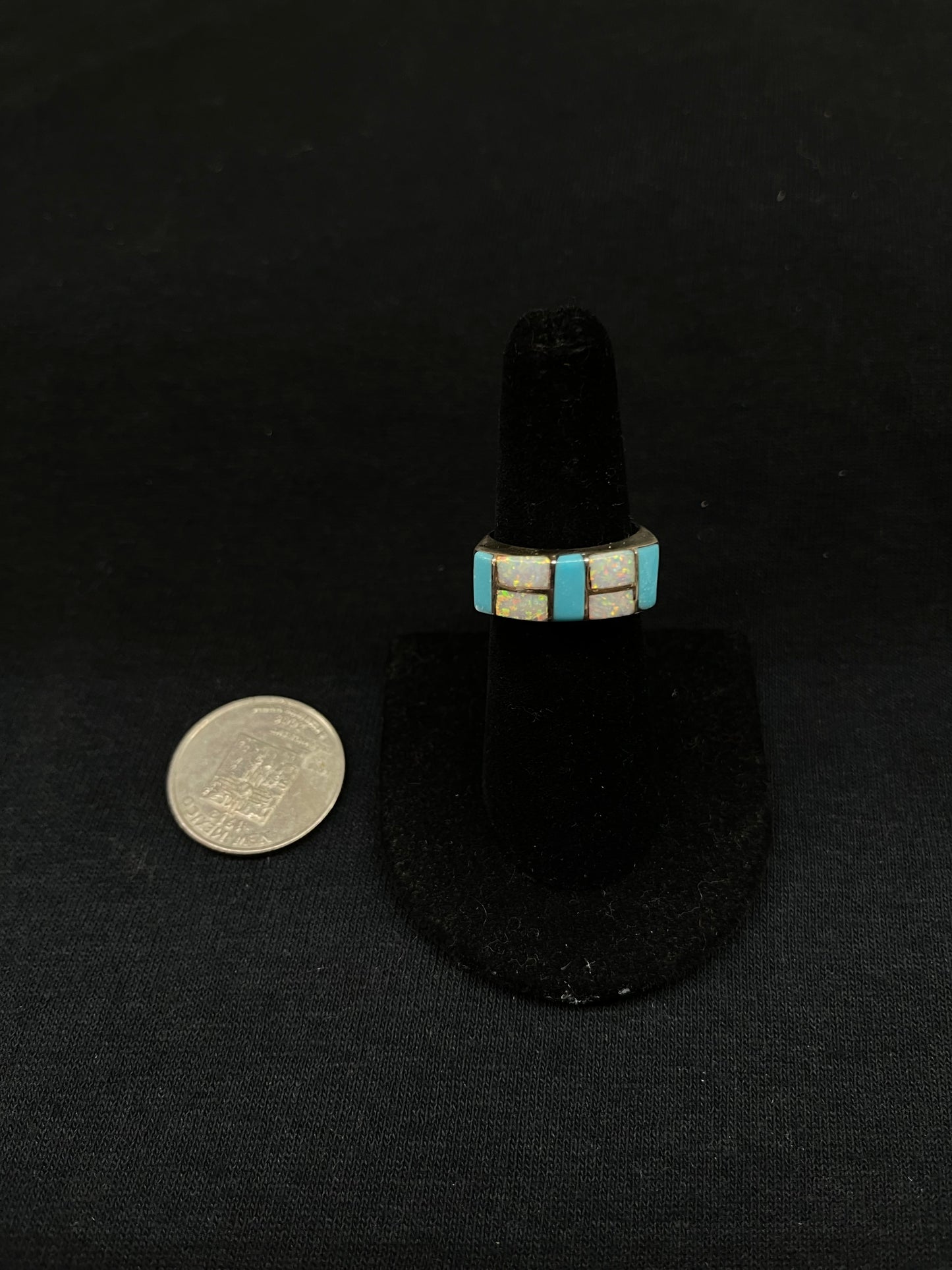 7.0 Turquoise and White Opal Inlay Ring by Verna Kanesta, Zuni