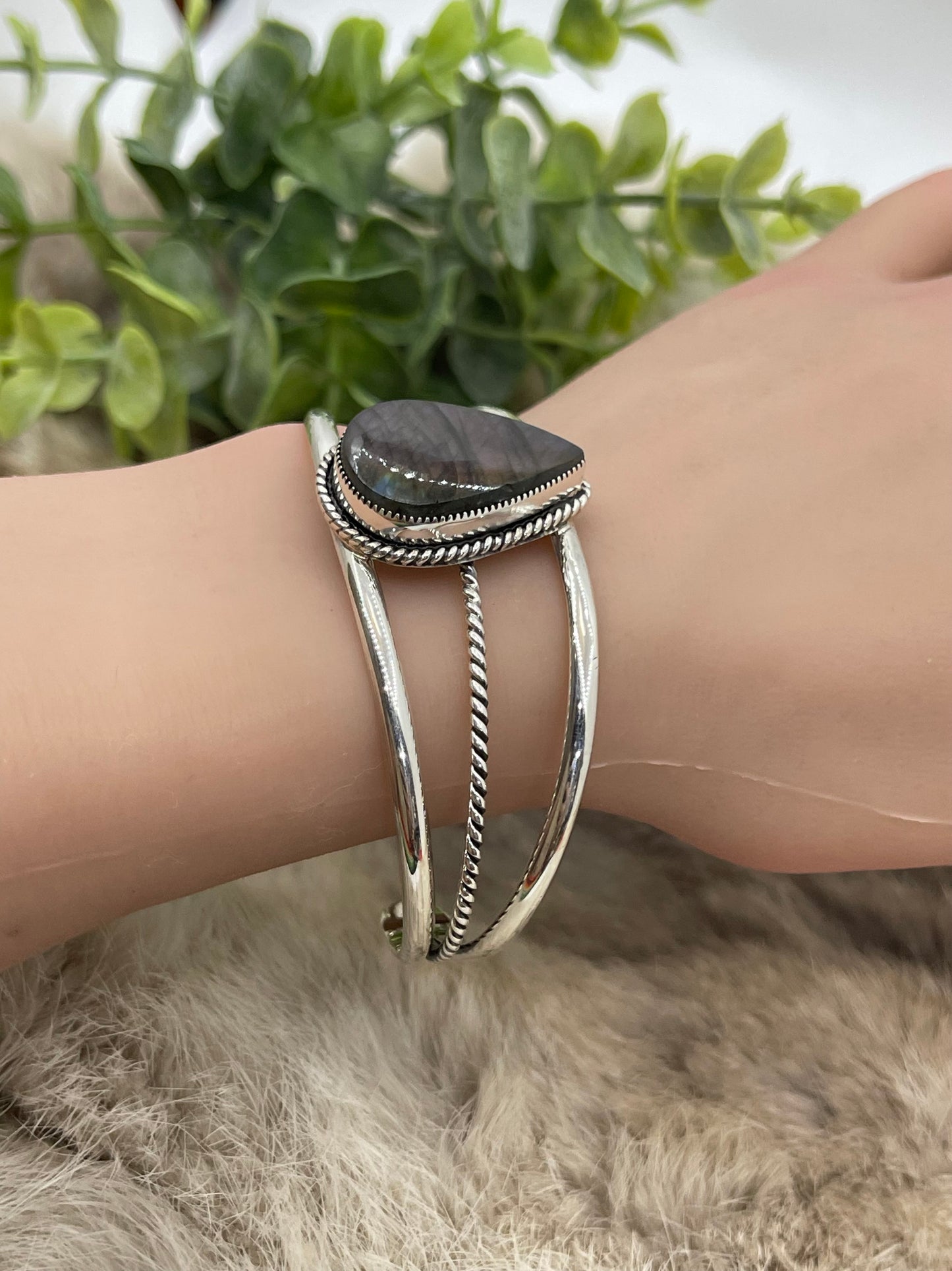 Teardrop Labradorite Silver Cuff Bracelet By Tina Benally, Navajo