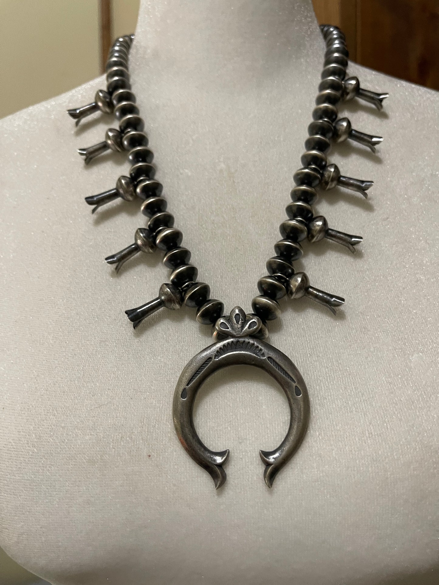 20" 12mm Navajo Saucer Sterling Silver Squash Blossom Necklace by Presley Haley, Navajo