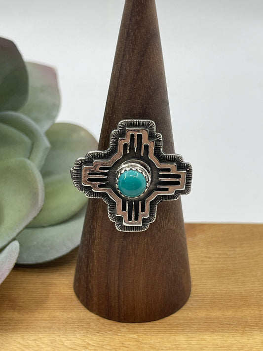 10.0 Turquoise Zia Symbol Ring by Hiram Largo, Navajo