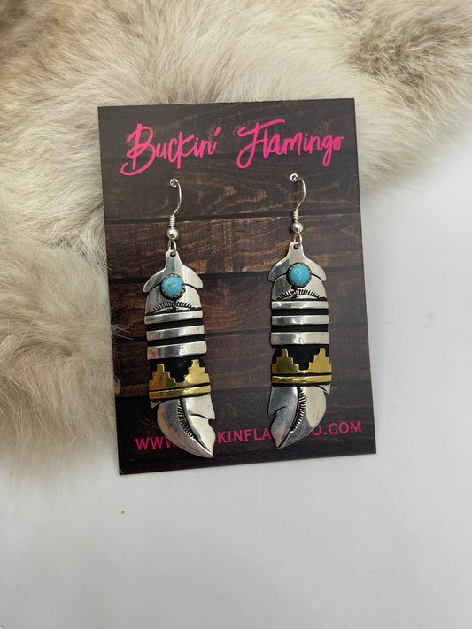 Silver and Brass Feather Earrings By Tommy And Rose Singer, Navajo