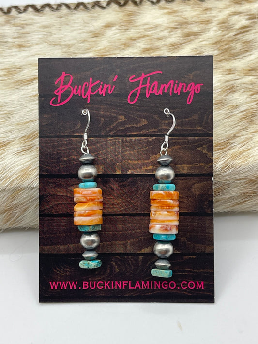 10mm Orange Spiny Oyster Heishi Beaded Dangle Earrings with Turquoise and Navajo Pearls by Isabelle John, Navajo