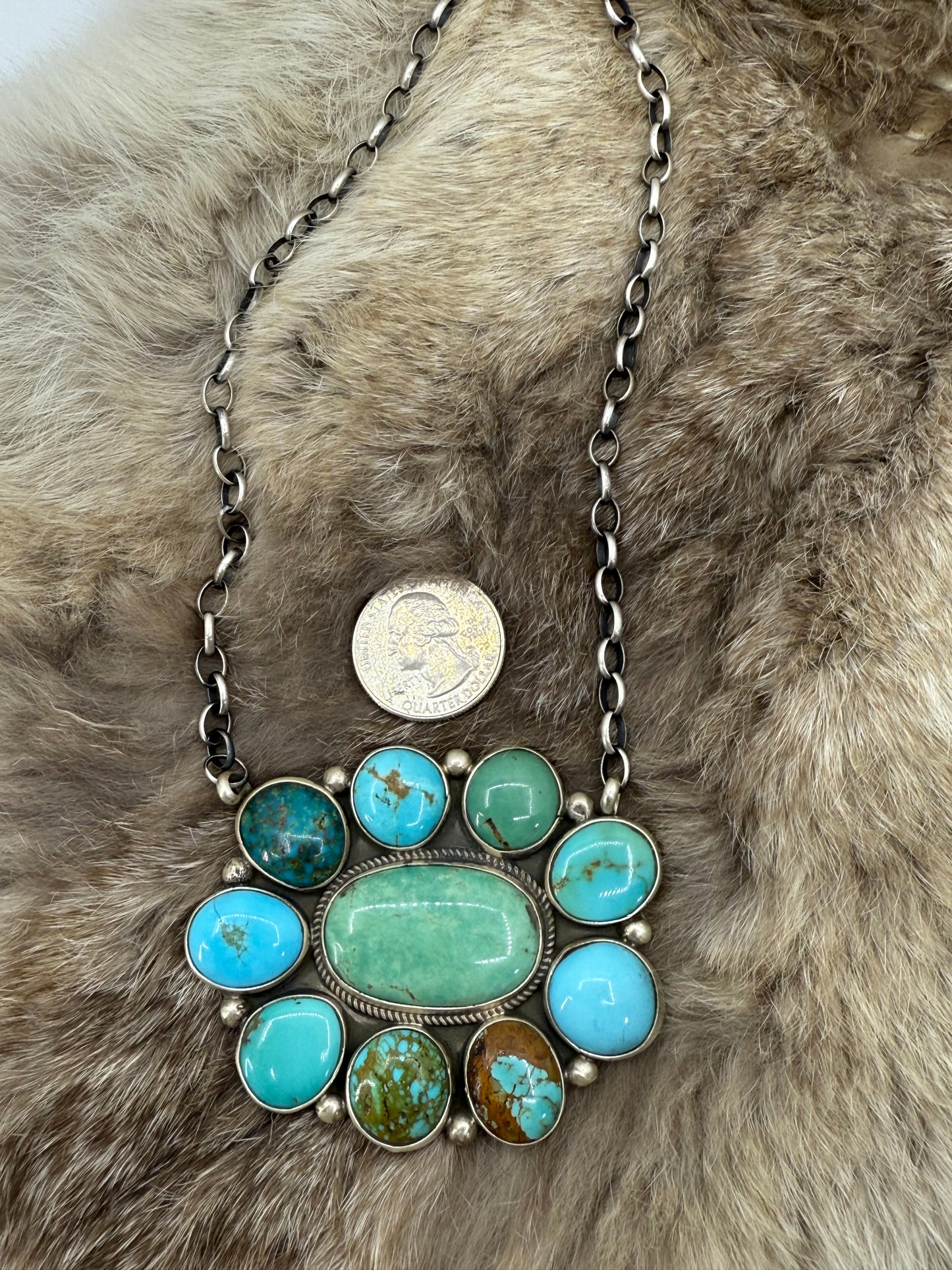16" Large Kingman Turquoise Cluster Necklace by Geraldine James, Navajo