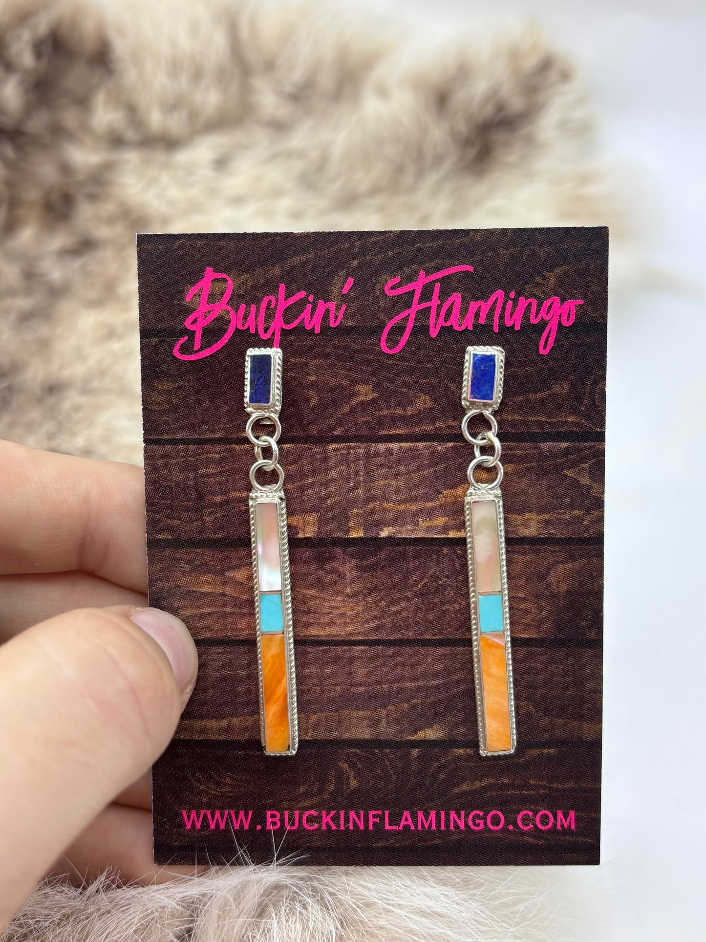 Inlay Long Dangle Post Earrings by Ricky T. Booqua , Zuni
