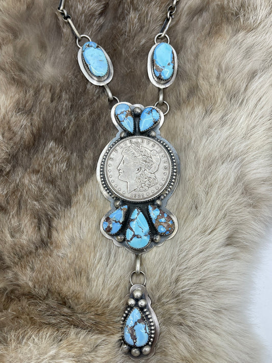 Golden Hills Turquoise Necklace w/ 1921 Morgan Silver Dollar by Delbert Secatero, Navajo
