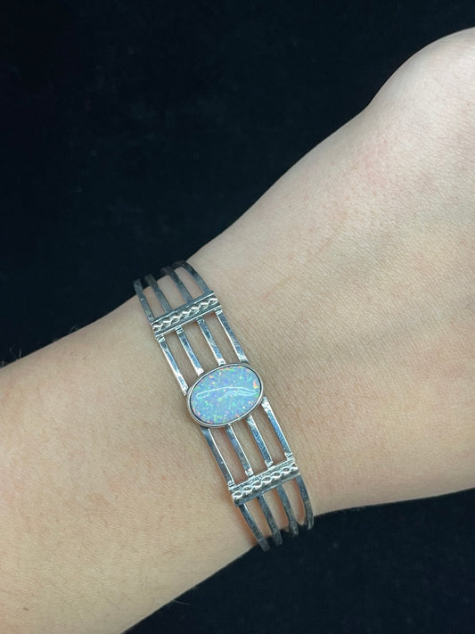 6"-7 1/4" White Opal Oval 4 Row Cuff by Thomas Yazzie, Navajo