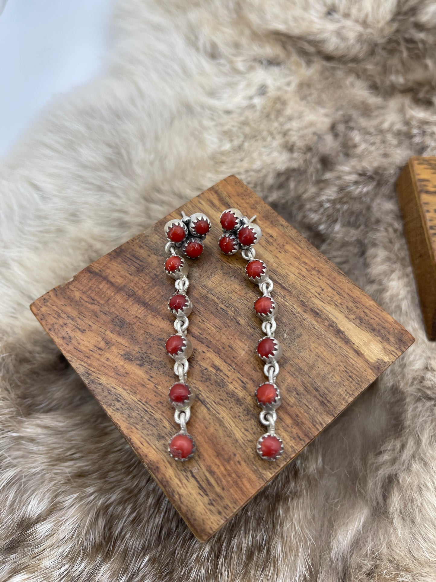 Red Coral Cluster Long Dangle Earrings
