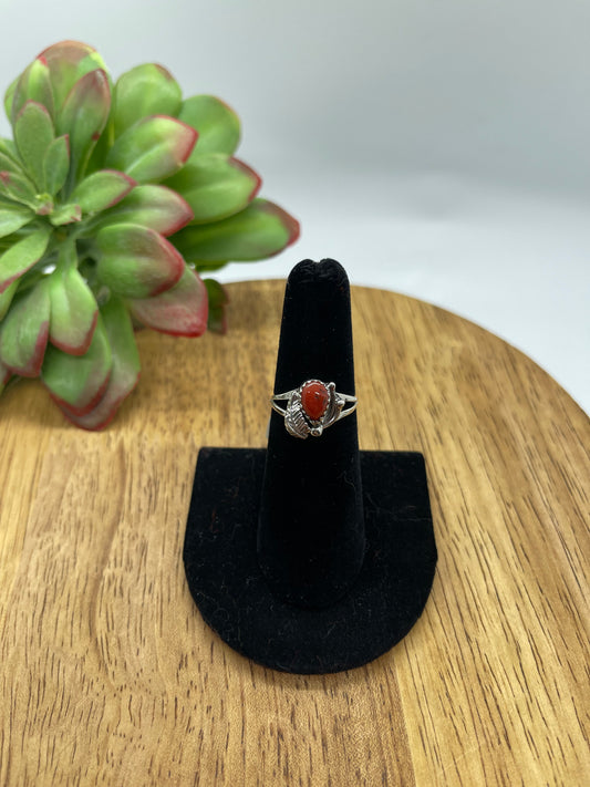 6.0 Dainty Red Coral Ring by Theresa Smith, Navajo