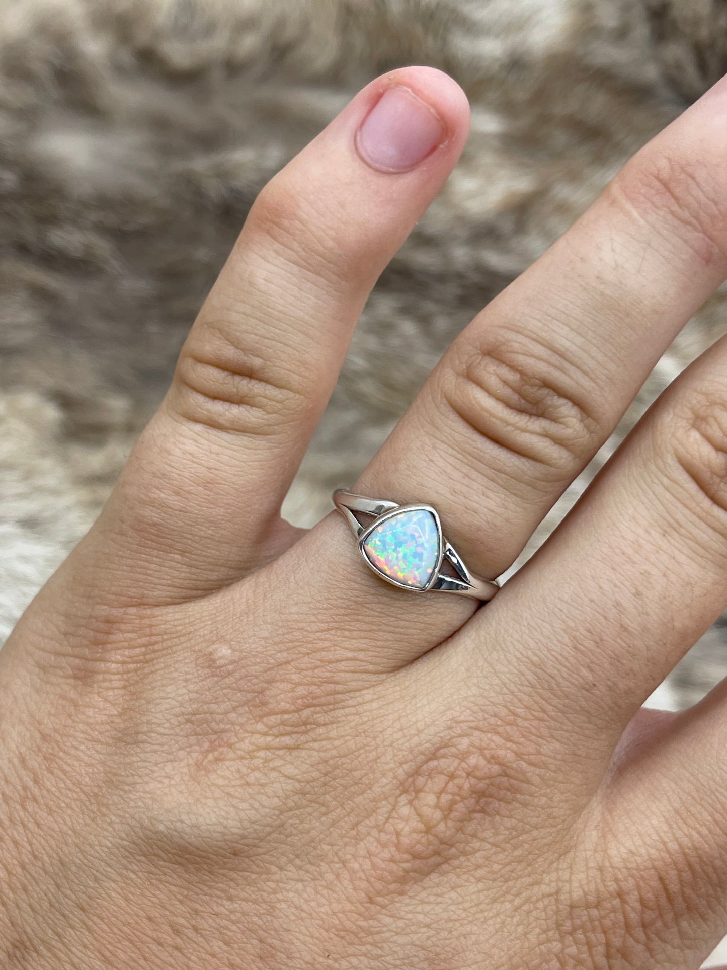 8.0 White Opal Triangle Single Stone Ring by Theresa Smith, Navajo