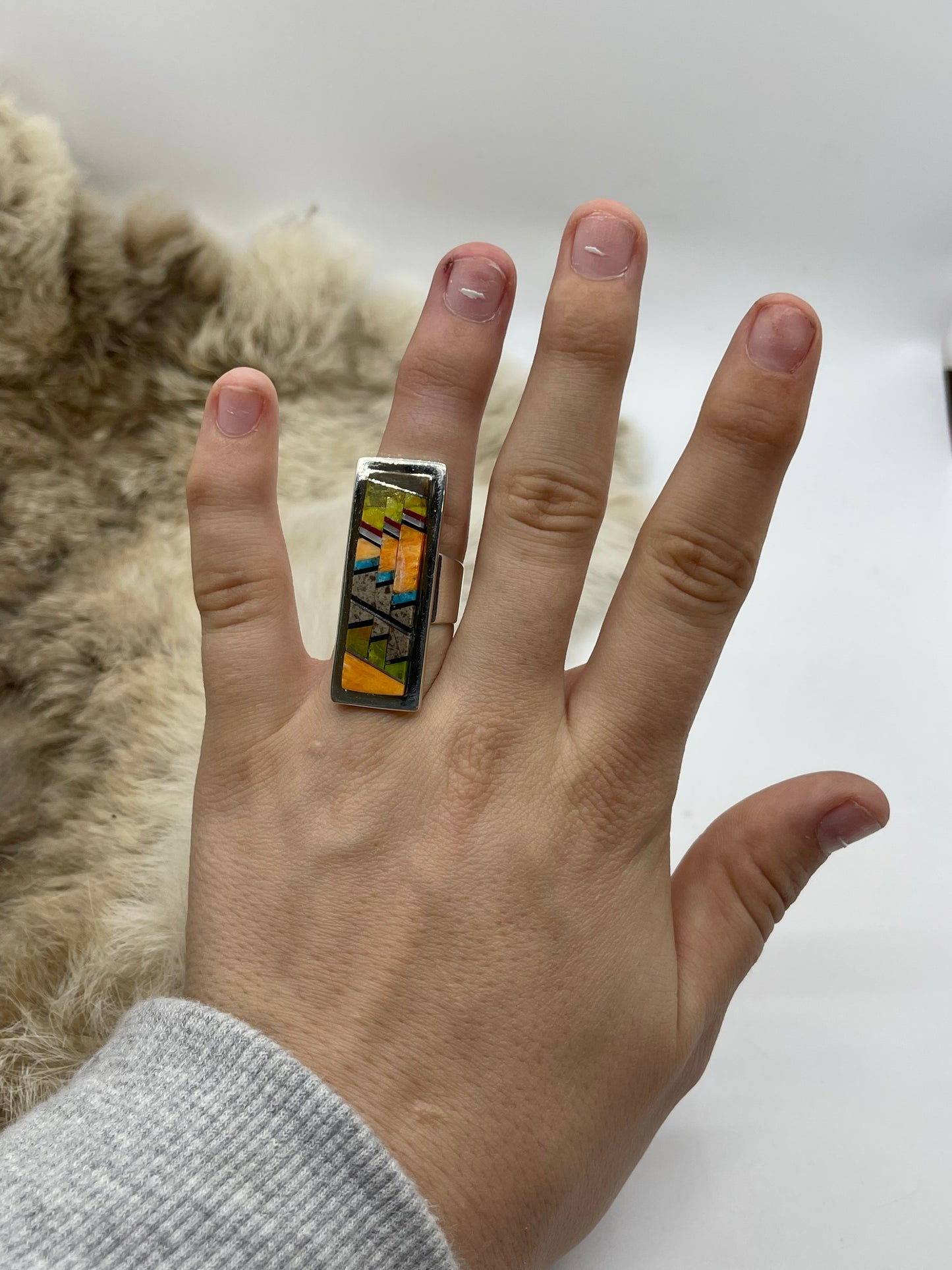 7.5 Rectangle Amazing Inlay Ring by Marie Jackson, Navajo
