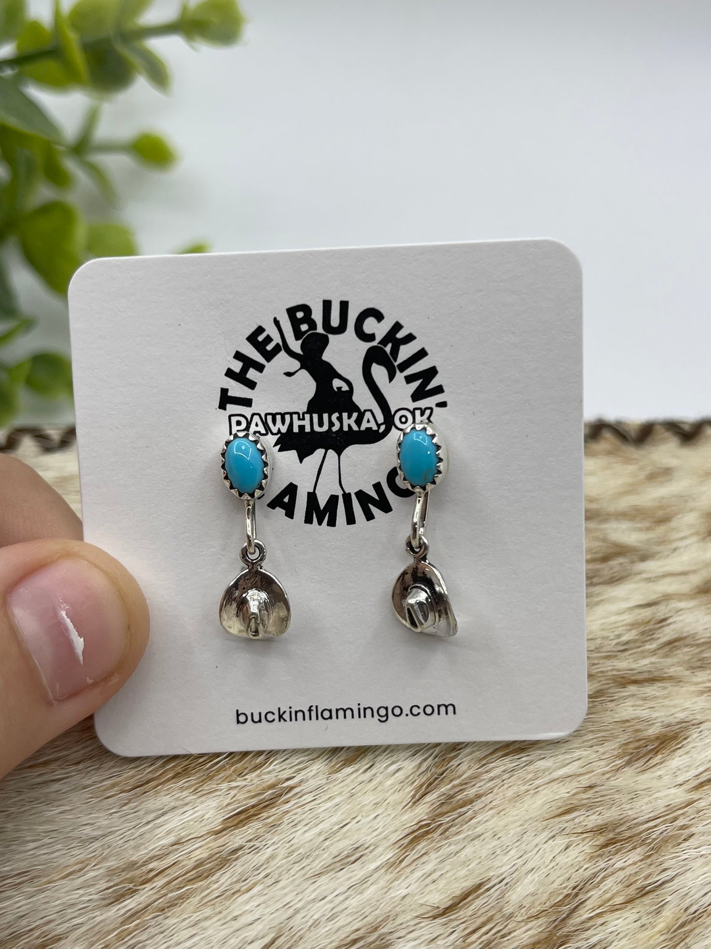 Tiny Cowboy Hat with Turquoise Stone Earrings