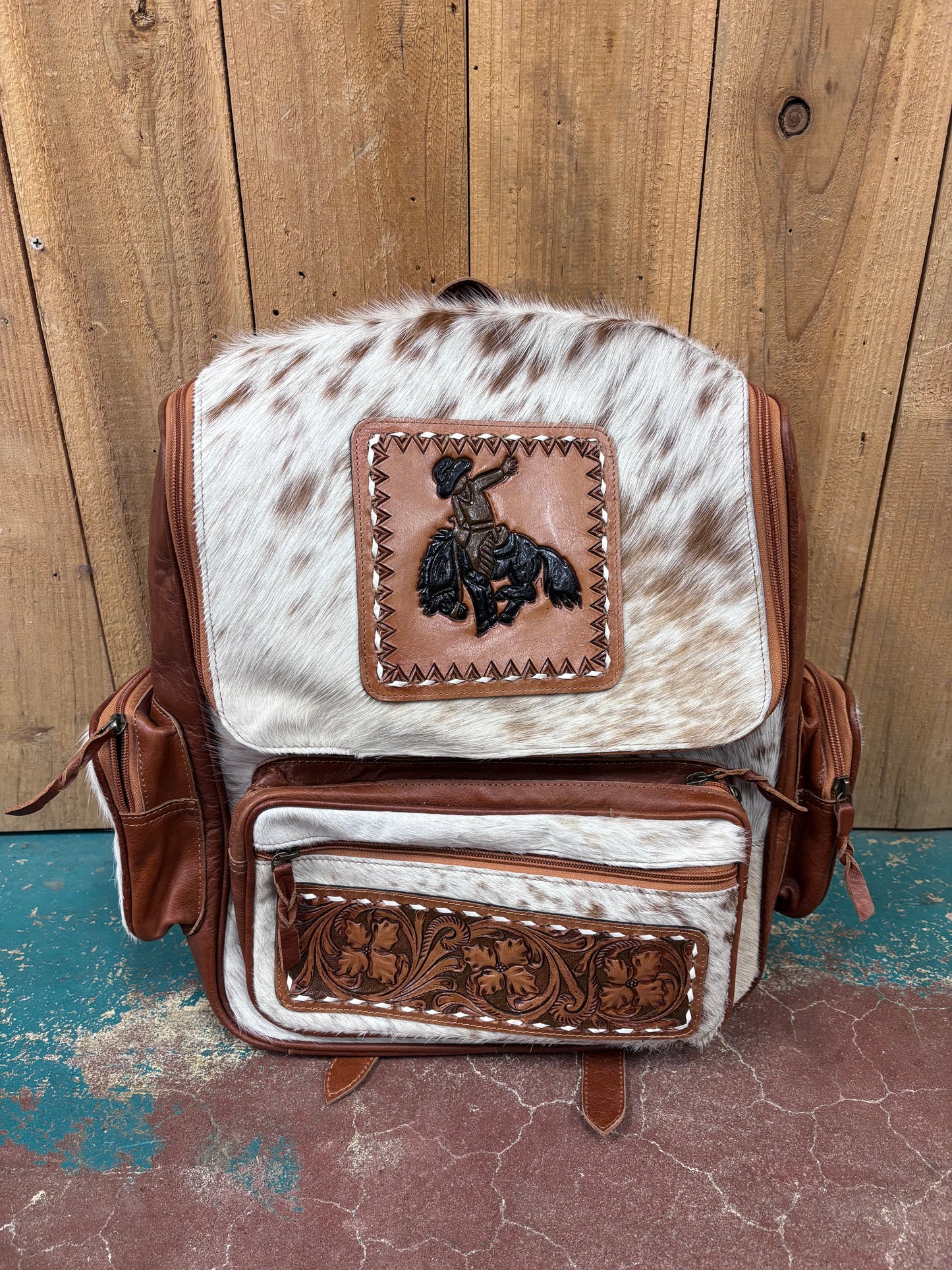 Cowhide Brown Leather Bronc Rider Tooled Backpack