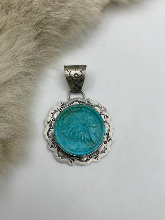10mm Bale Carved Chief Block Turquoise Pendant By Lyle Piaso, Navajo