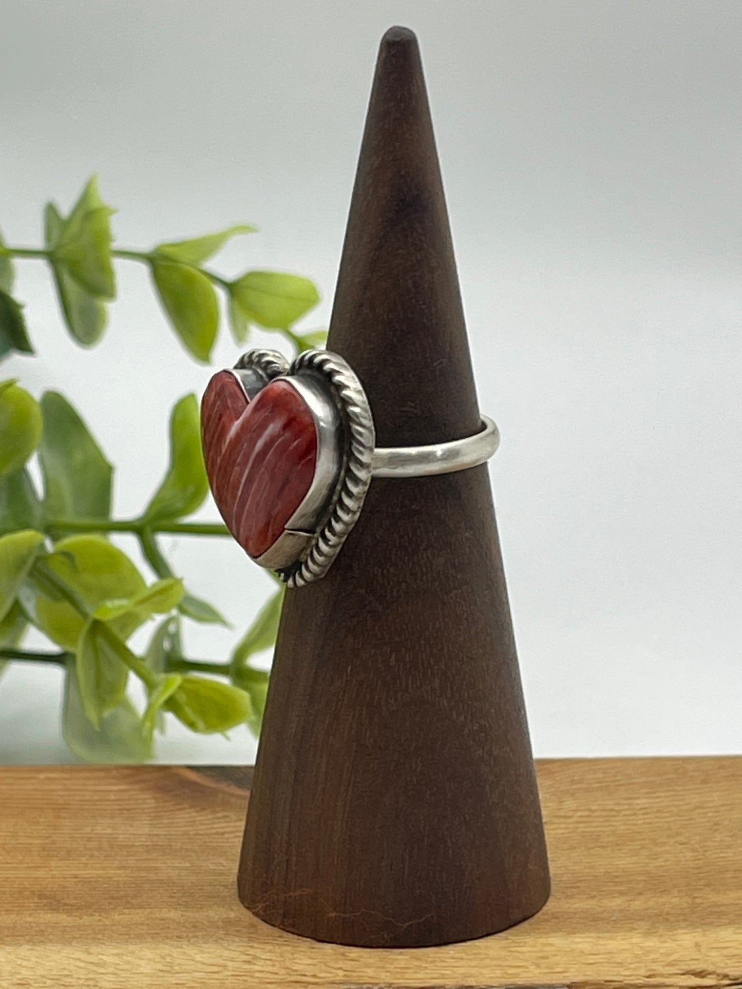 Red Spiny Oyster Heart Ring by Loretta Chee, Navajo