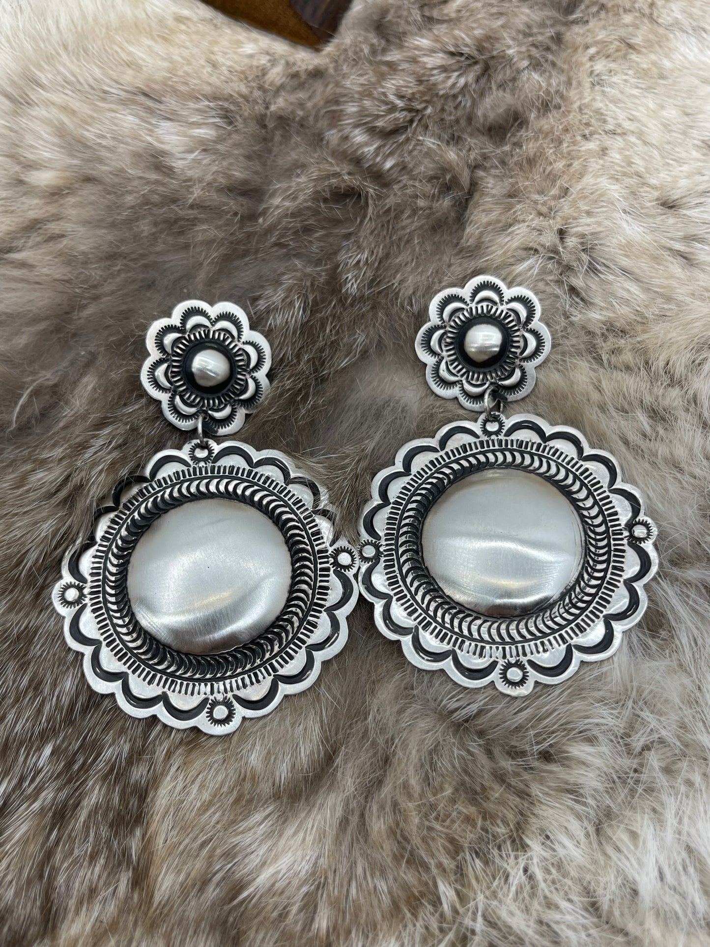 Big Double Concho Post Earrings by LeAnder Tahe, Navajo