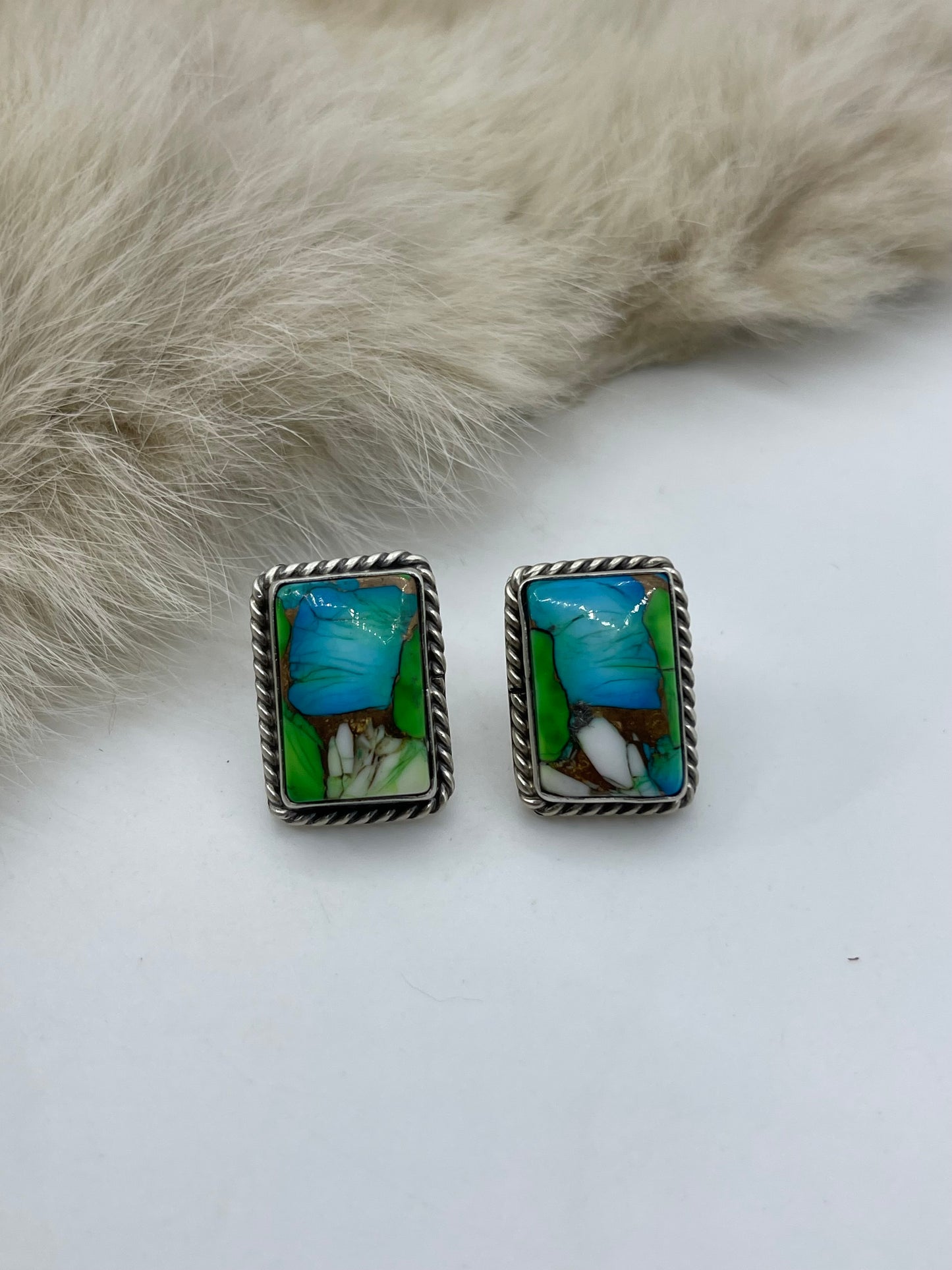 PEACOCK DAHLIA POST EARRINGS BY CHASSITY BELONE, NAVAJO