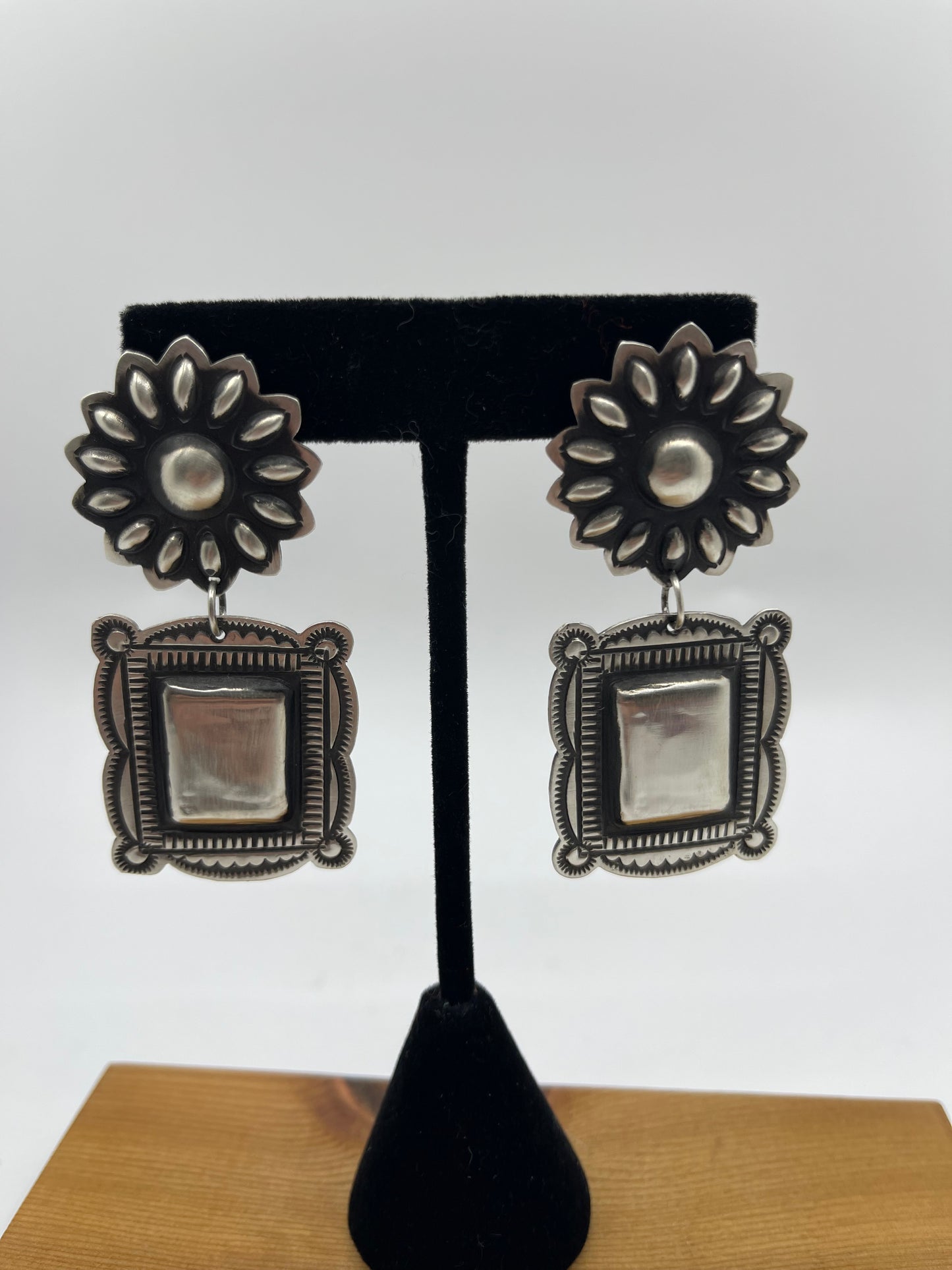 Sterling Silver Concho Post Dangle Earrings by Rhonda Largo, Navajo