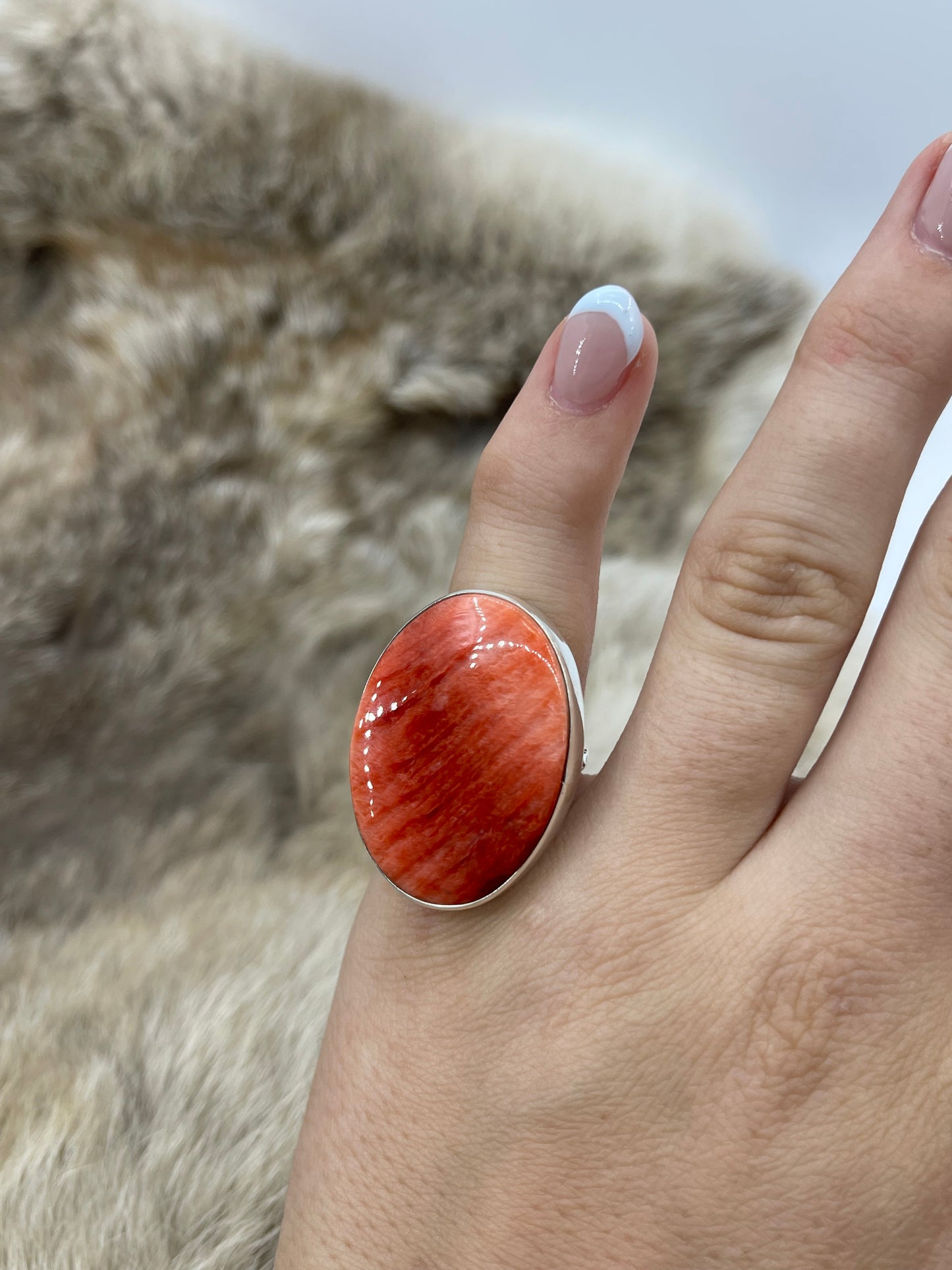 7.0 Red Spiny Oyster Shell Ring by Lawrence Willie, Navajo
