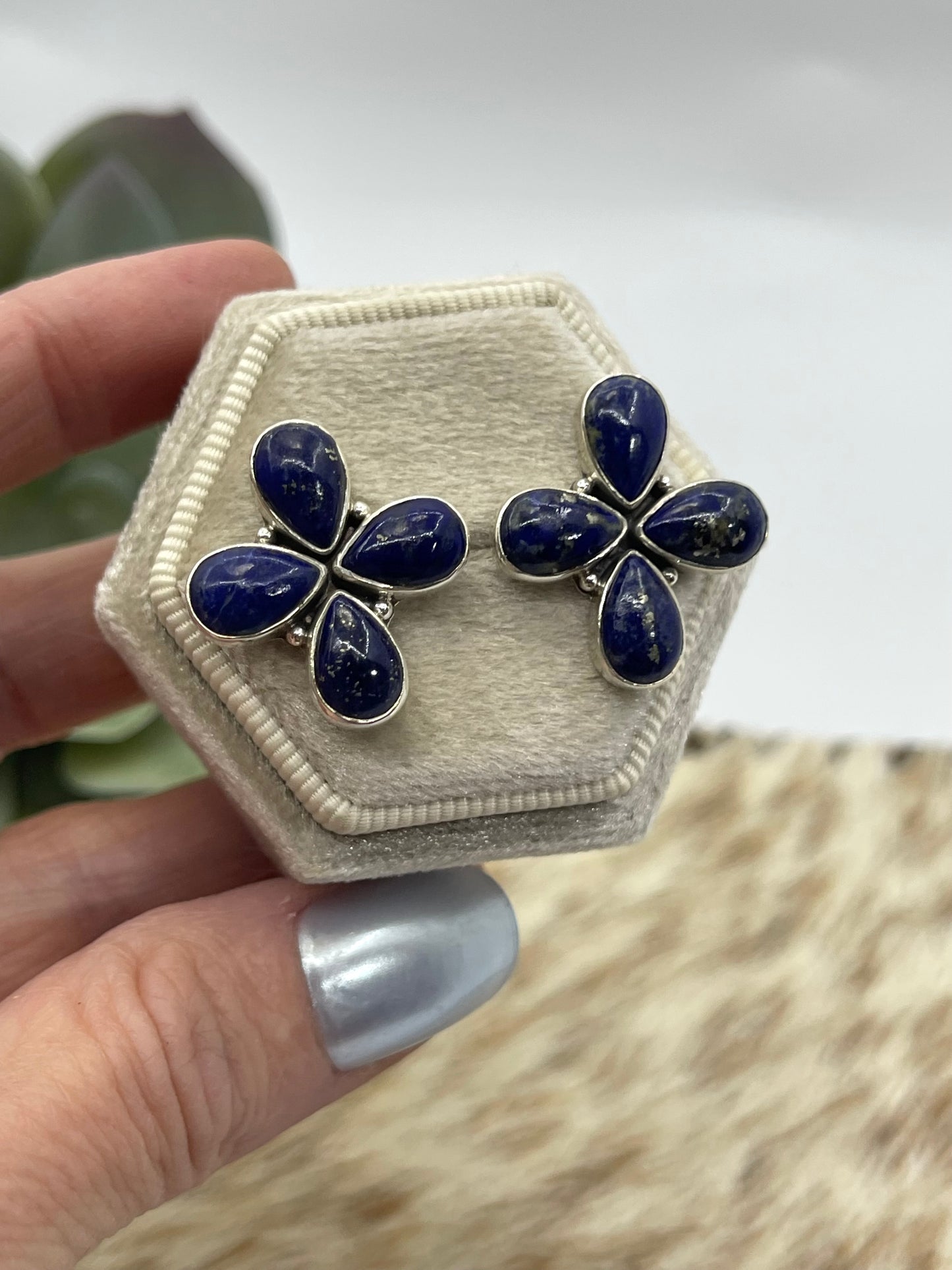 Blue Lapis Cross Shaped Post Earrings