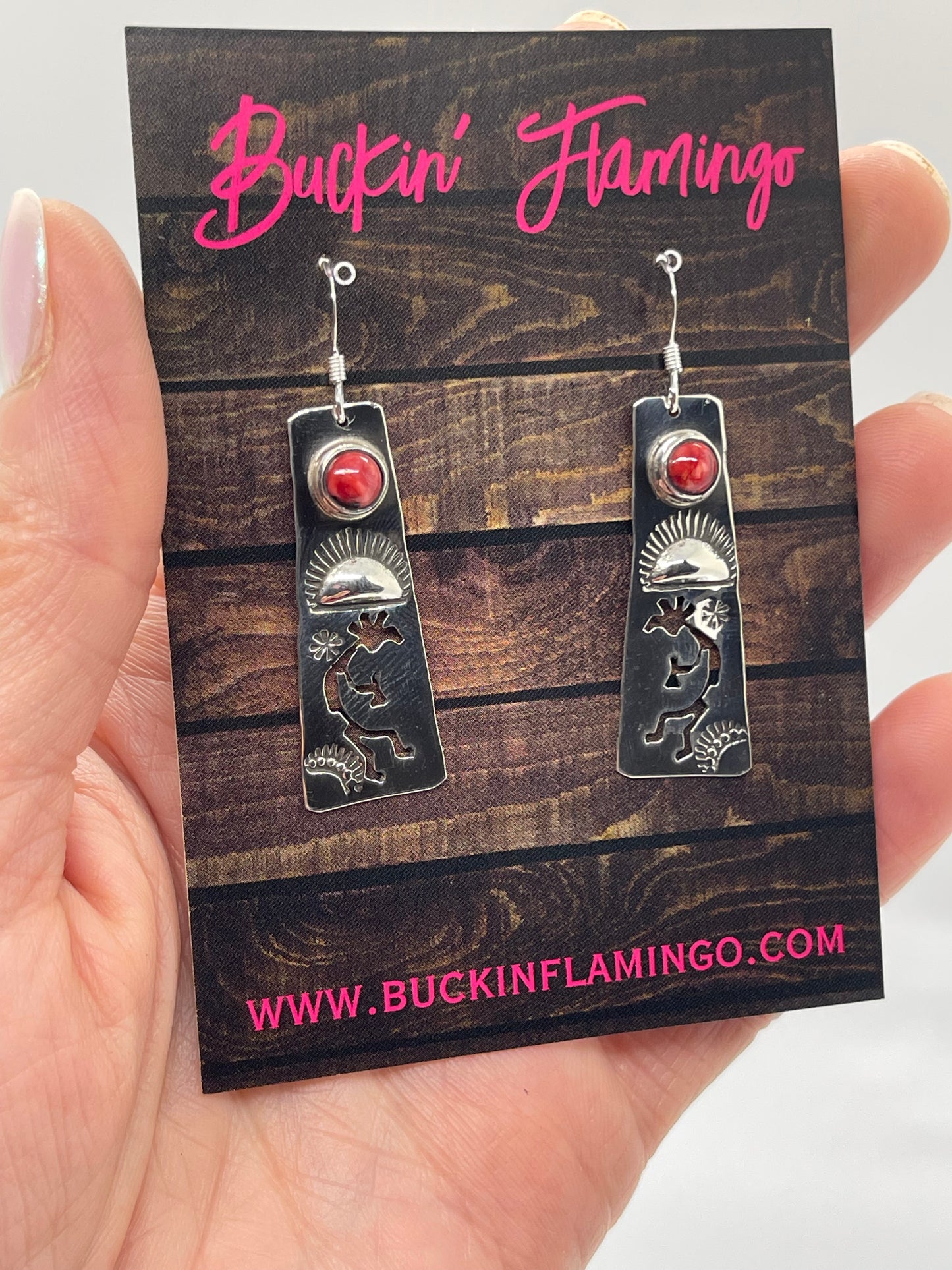 Silver Kokopelli Earrings with Red Coral by Jeff James Jr., Navajo