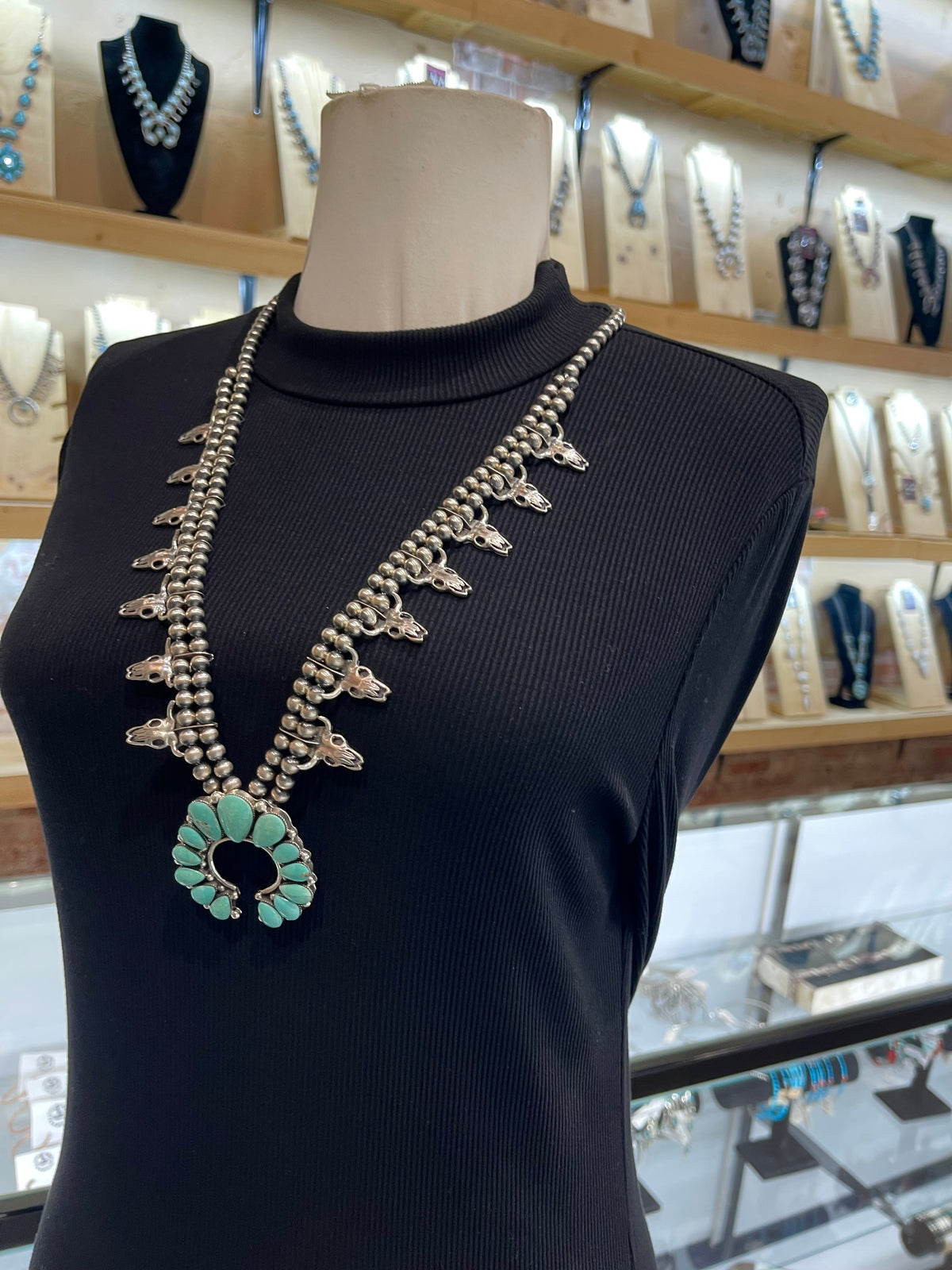 26”+3.5” Naja More Green Necklace by Jimmy Garcia, Navajo