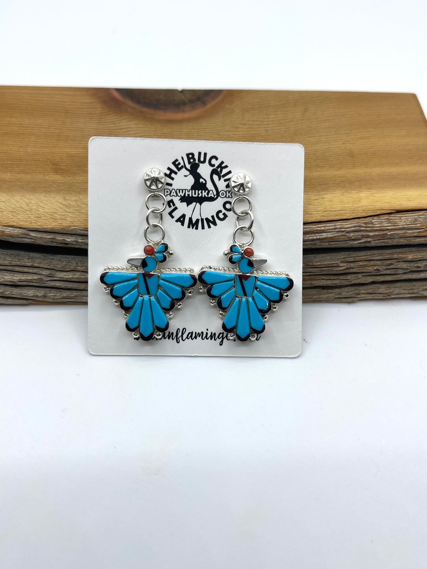 Coral, Turquoise, Black Onyx, and Pearl Thunderbird Post Dangle Earrings by Michelle Peina, Zuni