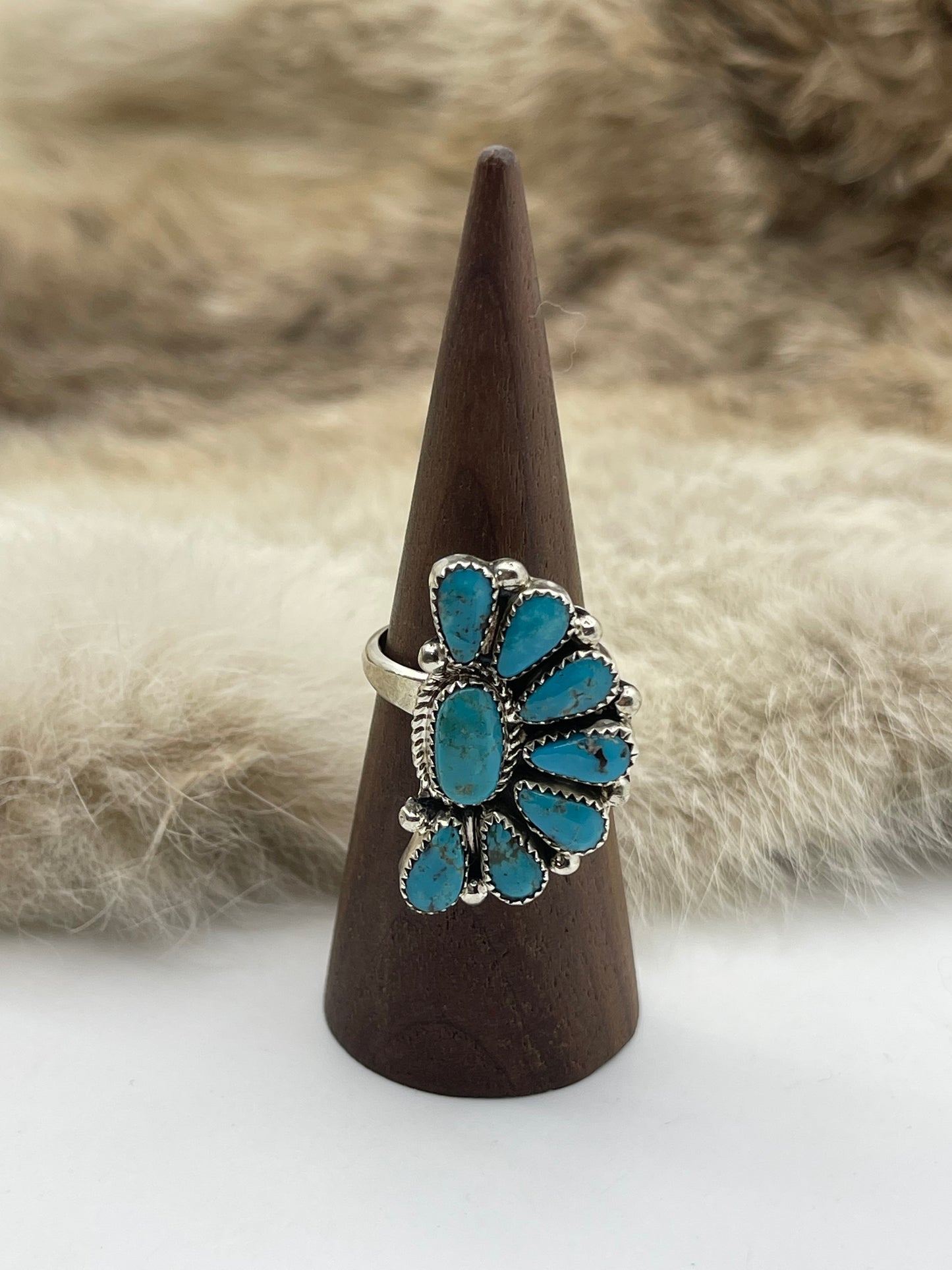 Adjustable 7.0-11.0 Blue Turquoise Half Cluster Ring by Alicia Wilson, Navajo