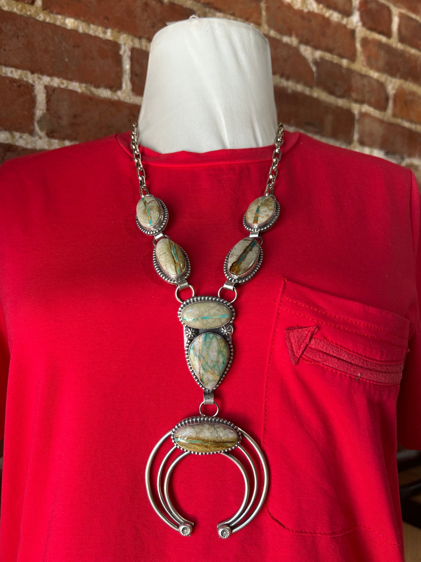 Boulder Ribbon Turquoise Lariat Naja Hook Necklace by Delbert Secatero, Navajo 24”