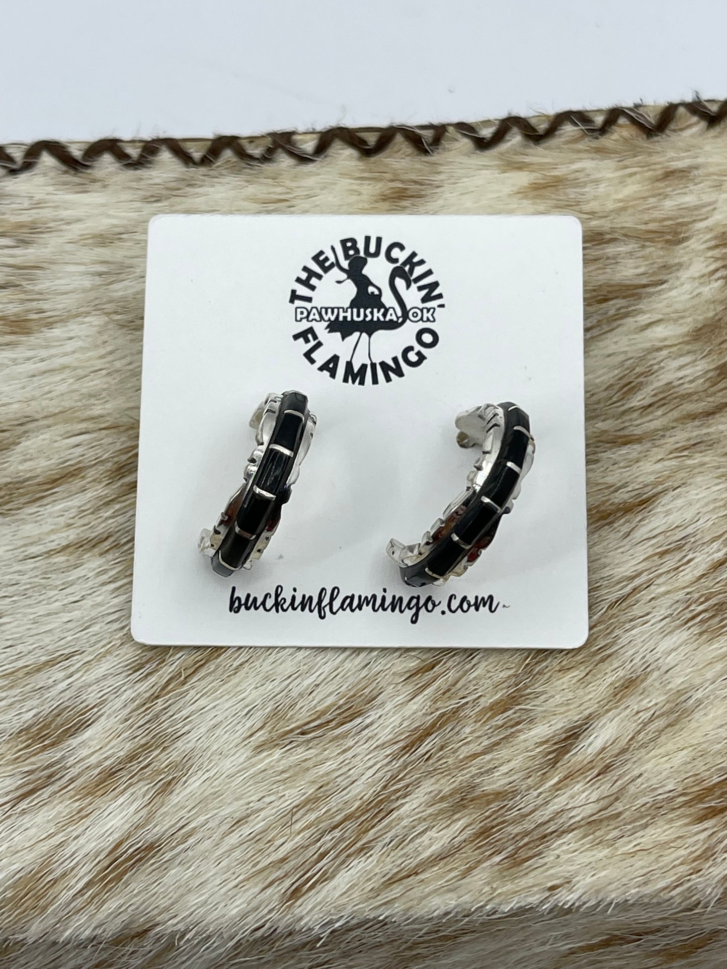 Black Onyx Post Hoop Earrings by Sheldon Lalio, Zuni