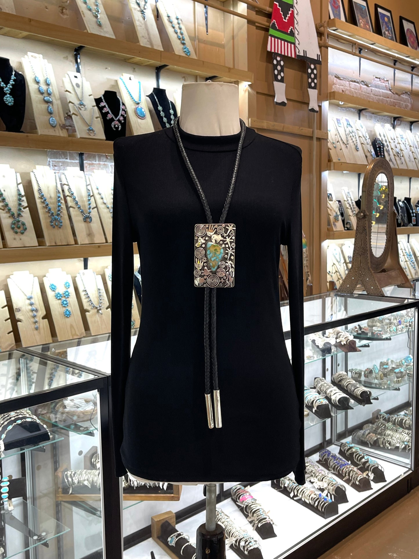 Sonoran Gold Turquoise and Petroglyph Bolo Tie by Alex Sanchez, Navajo