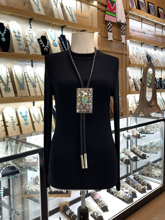 Sonoran Gold Turquoise and Petroglyph Bolo Tie by Alex Sanchez, Navajo