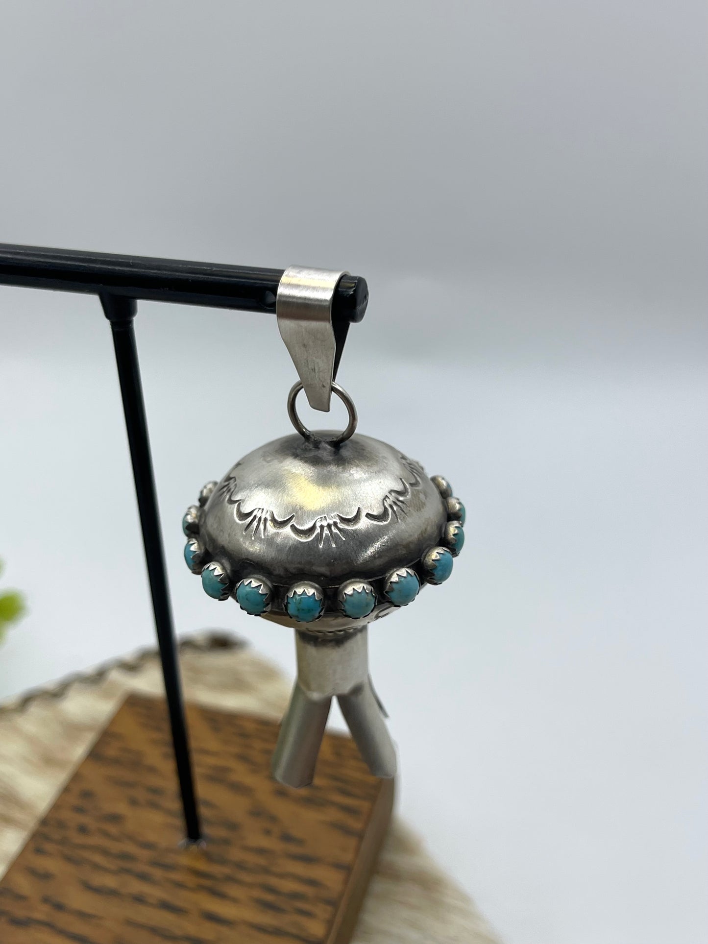 Stamped Blossom Pendant with Turquoise by Monica Smith, Navajo