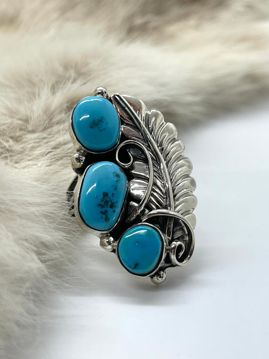 6.0 3 Stone Turquoise Feather Ring by Bernita Begay, Navajo