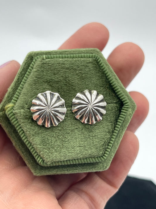 Small Silver Concho Stud Earrings by Sally Shurley, Navajo