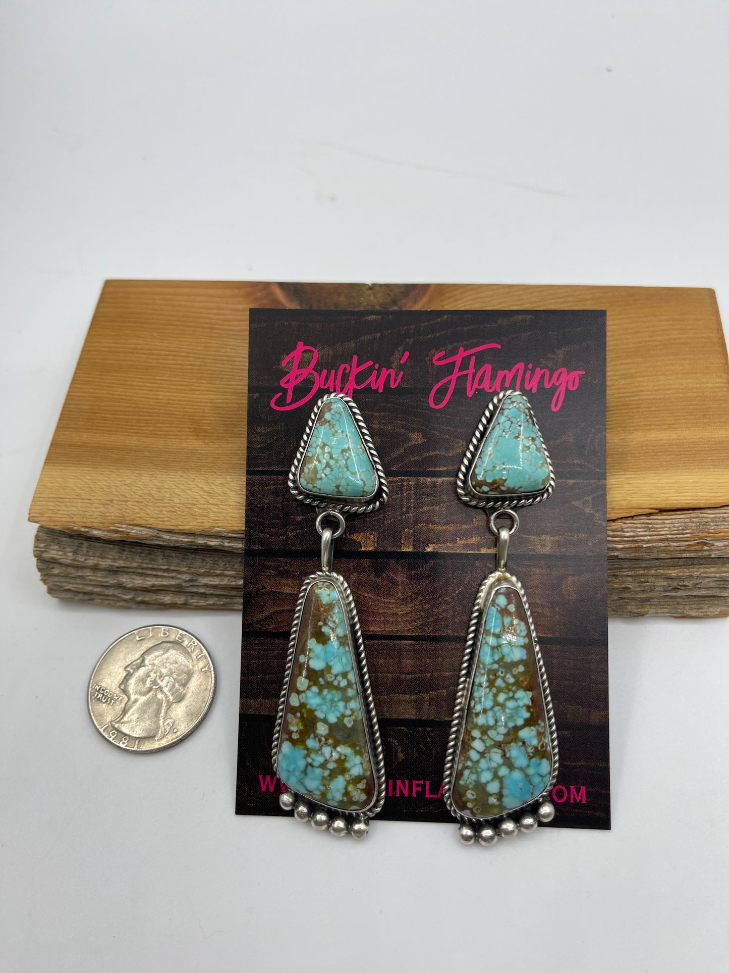 #8 Turquoise 2 Stone Post Dangle Earrings by Judith Dixon, Navajo