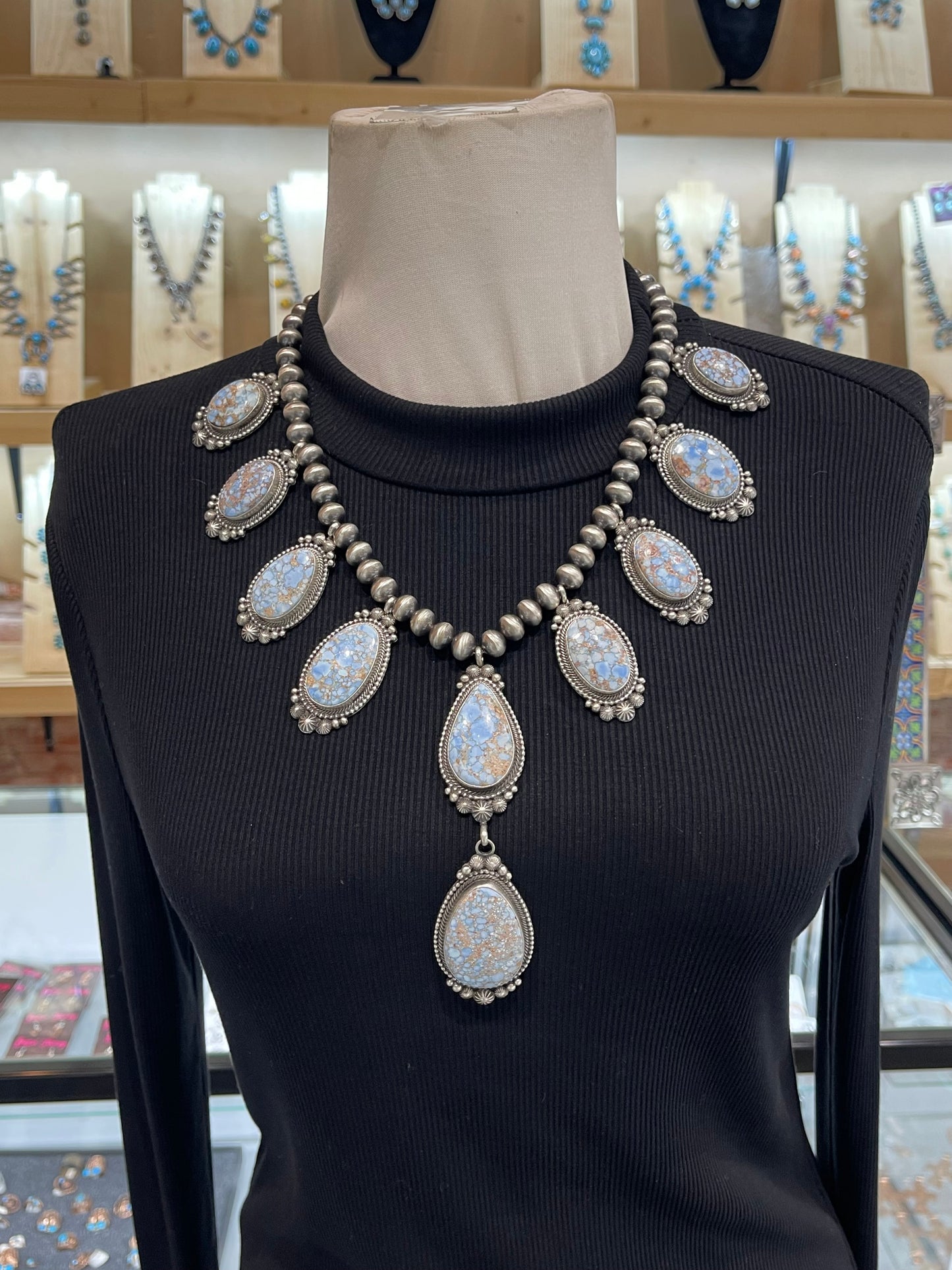 20" 9.5mm Golden Hills Turquoise Lariat Necklace & Earring Set by Tom Lewis, Navajo, Handmade Navajo Pearls 5” Drop
