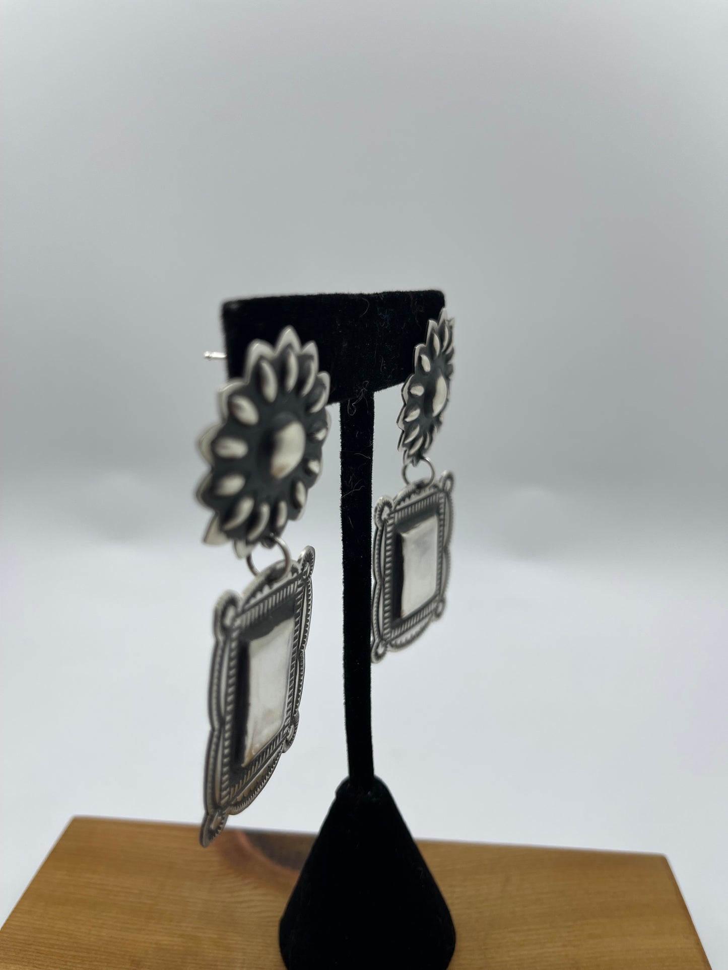 Sterling Silver Concho Post Dangle Earrings by Rhonda Largo, Navajo