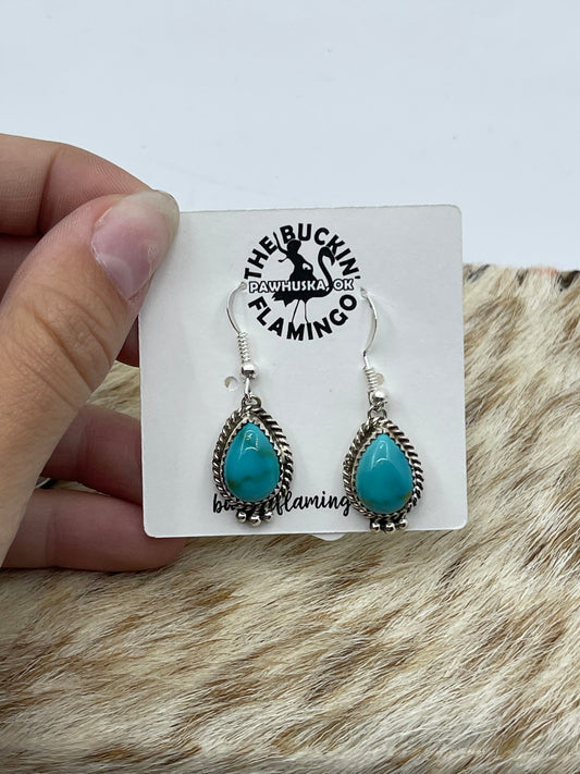 Kingman Turquoise Teardrop Dangle Earrings by Trish Largo, Navajo