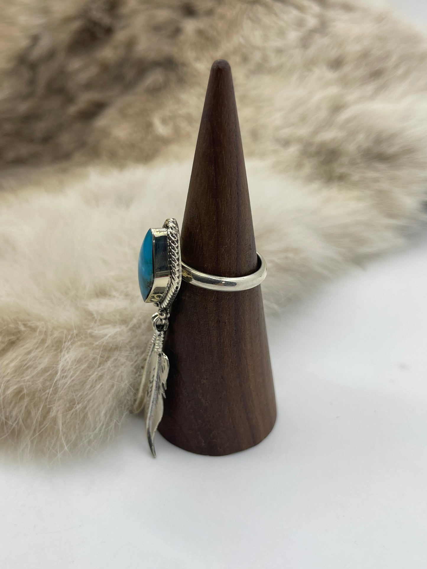7.0 Turquoise Ring with Feathers by Jerome Lee, Navajo