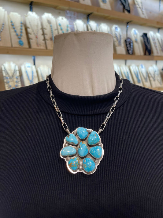 18" High Grade Kingman Turquoise Cluster Necklace by Gabby Jurado, Navajo
